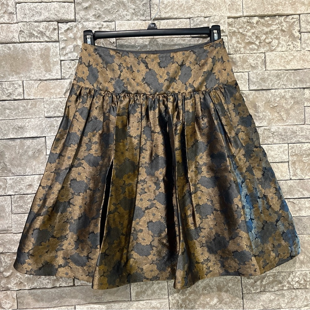 David Meister Neiman Marcus Floral Pleated Gold Midi Skirt Size 6